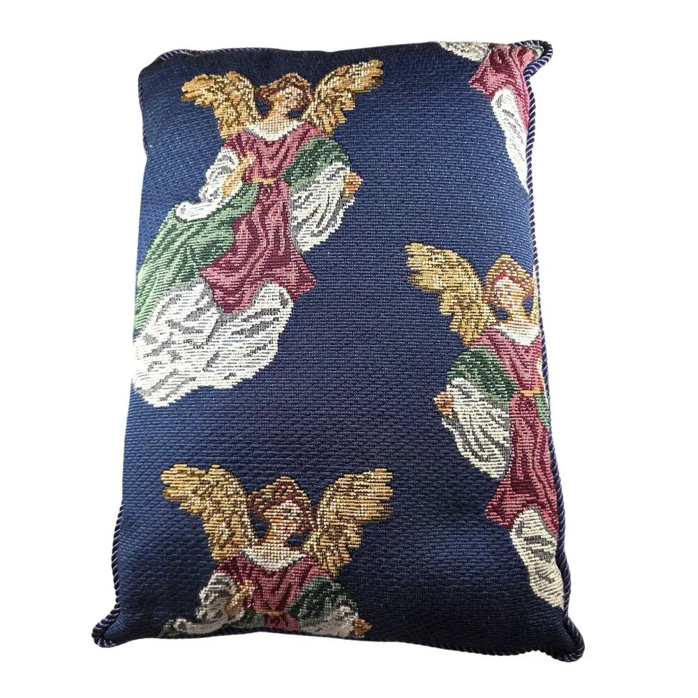 Angel Tapestry Decorative Throw Pillow With Navy Backing holiday christmas